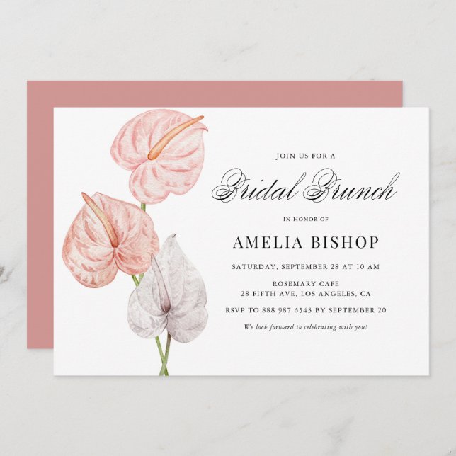 Invitation Boho Anthuriums rose Tropical Floral Bridal Brunch (Devant / Derrière)
