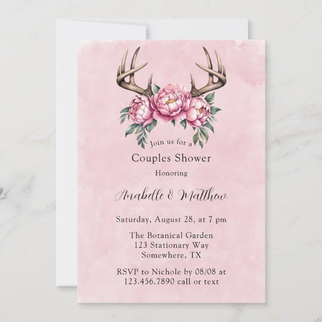 Invitation Boho Antler avec Wedding shower Pink Peonies (Devant)
