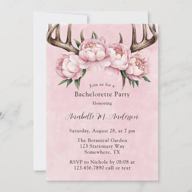 Invitation Boho Antler et Pink Peonies (Devant)