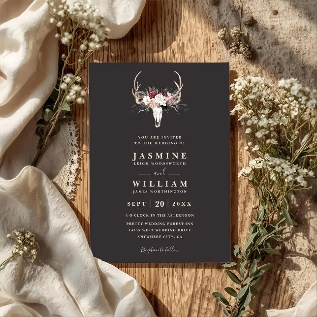 Invitation Boho Antlers Floral Rustic Elegant QR Code Wedding (Créateur téléchargé)