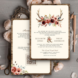 Invitation Boho Antlers Terracotta Floral QR Code Mariage