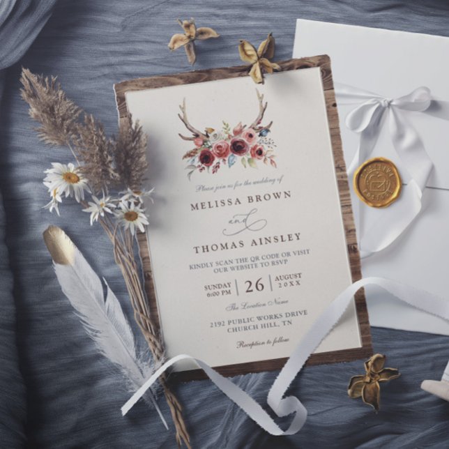 Invitation Boho Antlers Terracotta Floral QR Code Wedding (Créateur téléchargé)