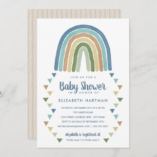 Invitation Boho Aquarelle arc-en-ciel Baby shower bleu
