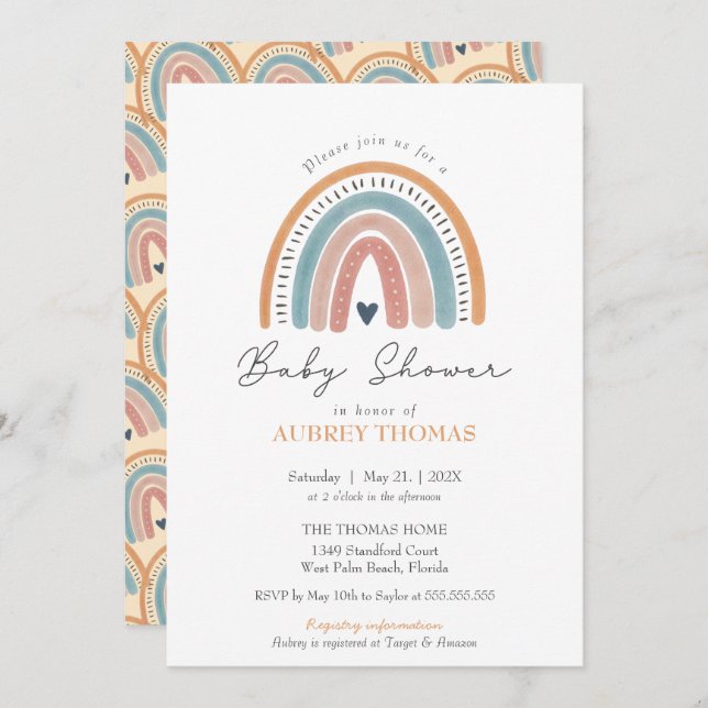 Invitation Boho Aquarelle arc-en-ciel Baby shower genre neutr (Devant / Derrière)