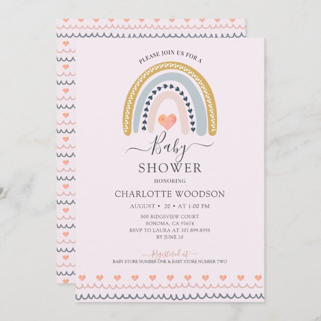 Invitation Boho Aquarelle arc-en-ciel Baby shower rose (Devant / Derrière)
