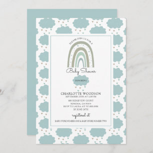 Invitation Boho Aquarelle arc-en-ciel Cloud Bleu Bébé Garçon