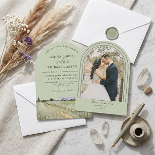Invitation Boho Aquarelle Arche de Montagne Photo Mariage Min