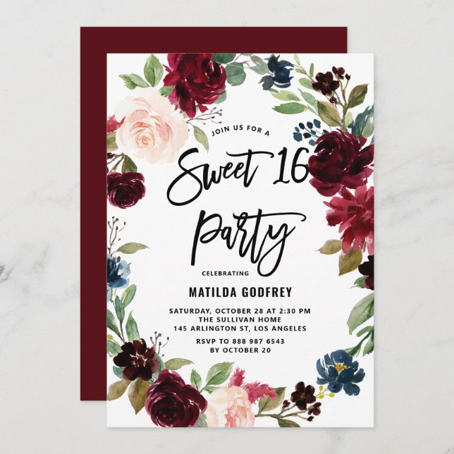 Invitation Boho Aquarelle Automne Floral Wreath Sweet 16 (Devant / Derrière)