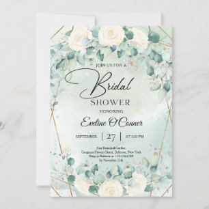 Invitation Boho aquarelle blanche roses eucalyptus cadre or