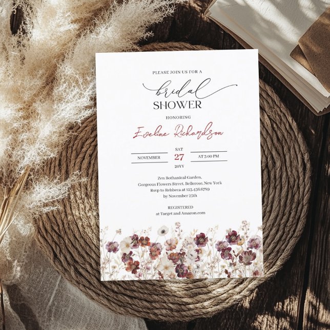 Invitation Boho aquarelle bordeaux fleur sauvage (Boho watercolor burgundy wildflowers bridal invitation)