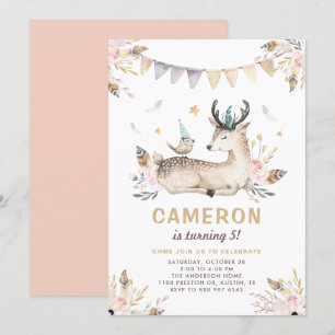 Invitation Boho Aquarelle Cerf et Anniversaire de enfant Flor
