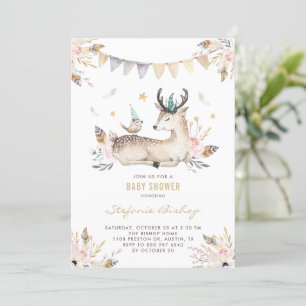 Invitation Boho Aquarelle Cerf et Baby shower Floral d'oiseau