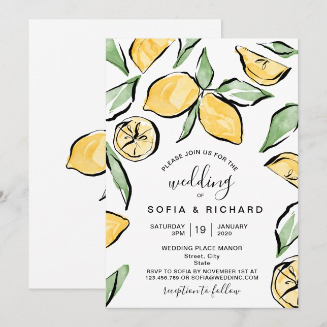Invitation Boho Aquarelle Citron Verdure d'été (Devant / Derrière)