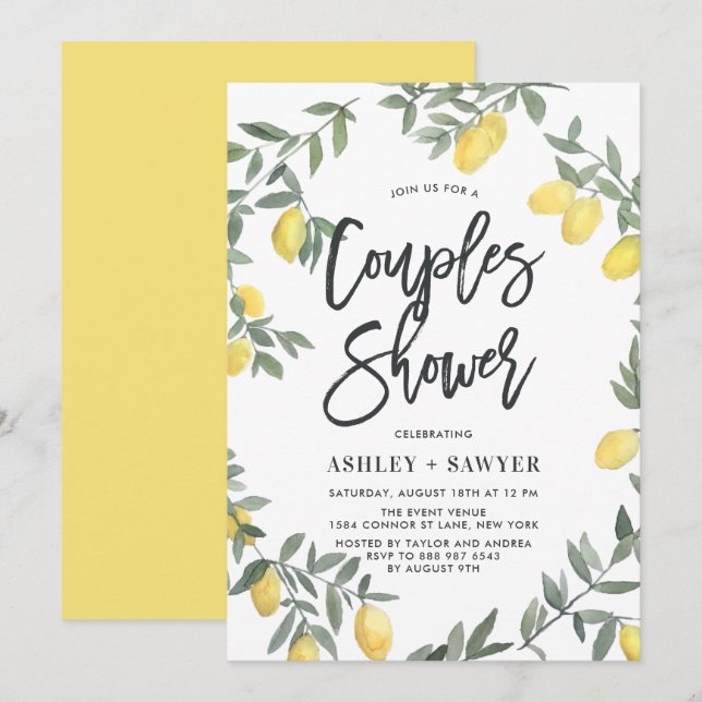 Invitation Boho Aquarelle Citron Wreath Couples Douche (Devant / Derrière)