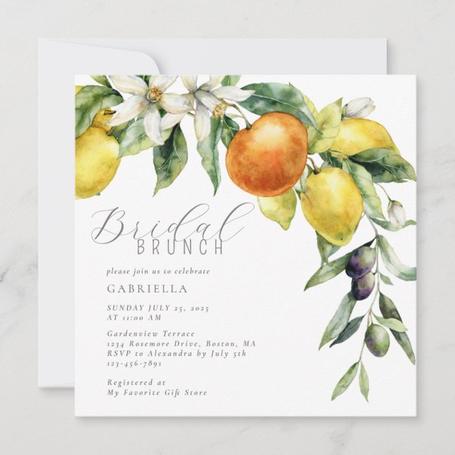 Invitation Boho Aquarelle Citrus Lemon Orange Fête des mariée (Devant)