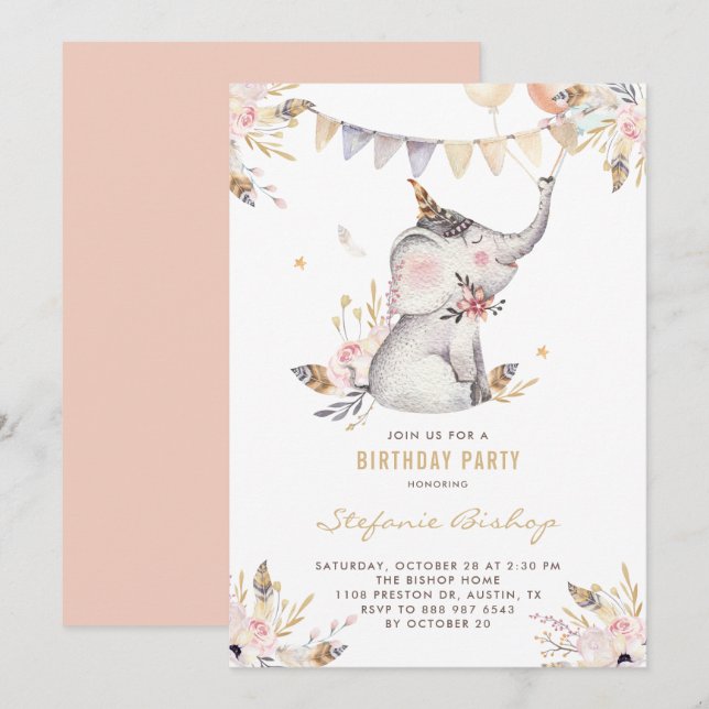 Invitation Boho Aquarelle Eléphant Floral Anniversaire de enf (Devant / Derrière)