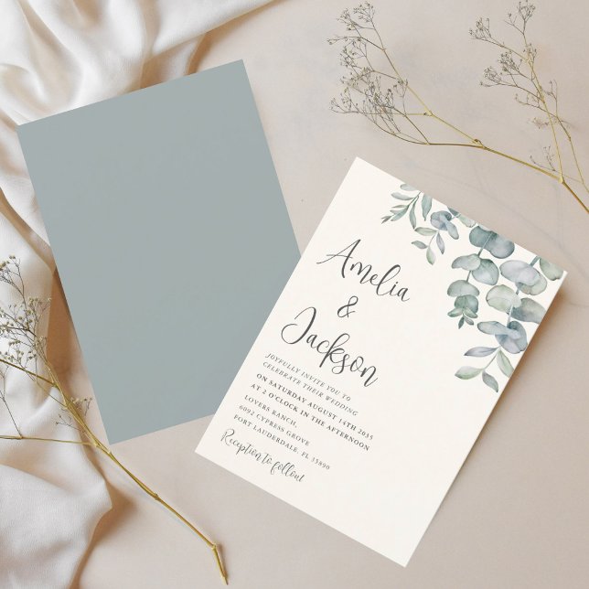 Invitation Boho Aquarelle Eucalyptus Bleu Vert Mariage Invi (Créateur téléchargé)