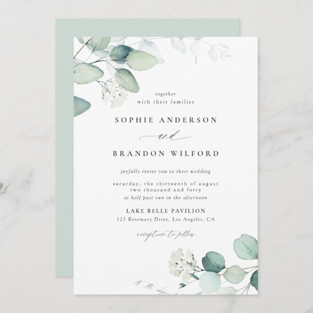 Invitation Boho Aquarelle Eucalyptus Feuille Mariage vert (Devant / Derrière)