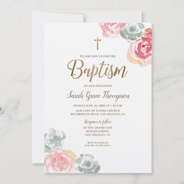 Invitation Boho Aquarelle fleurs rose bébé Baptême (Devant)