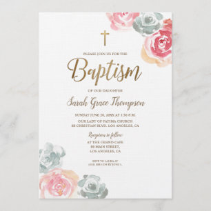 Invitation Boho Aquarelle fleurs rose bébé Baptême
