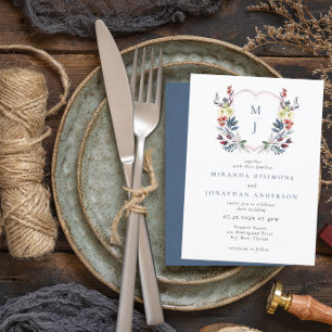 Invitation Boho Aquarelle Floral Crest Bleu Monogramme Mariag