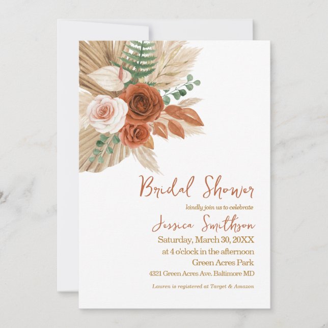 Invitation Boho Aquarelle Floral Pompas Grass Fête des mariée (Devant)