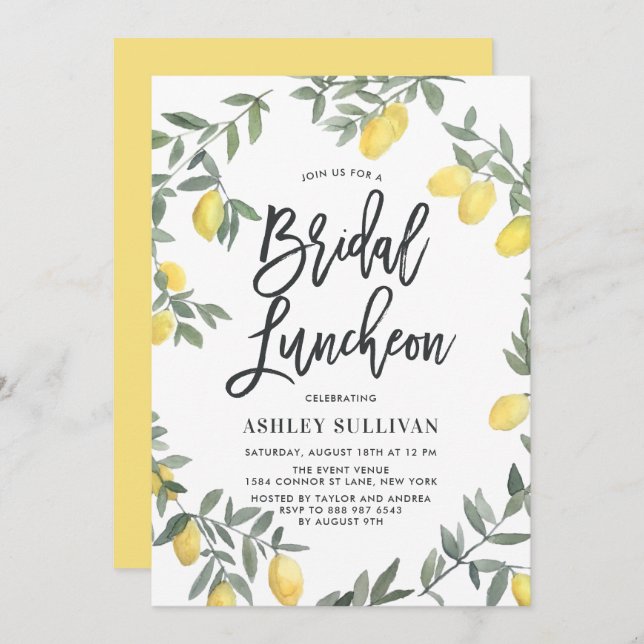 Invitation Boho Aquarelle Lemon Wreath Bridal Luncheon (Devant / Derrière)