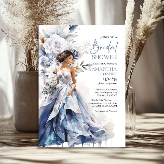 Invitation Boho aquarelle marine et robe de mariée de fleurs  (Boho watercolor navy and white flower bridal dress invitation)