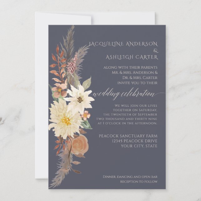 Invitation BOHO Aquarelle Marine Floral Pampas Herbe Élégante (Devant)