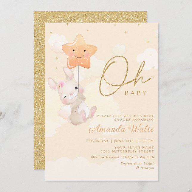 Invitation Boho Aquarelle moderne Bunny mignonne Baby shower  (Devant / Derrière)
