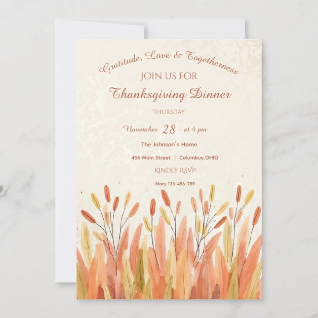 Invitation Boho Aquarelle Pampas Grass et Thanksgiving rustiq (Devant)