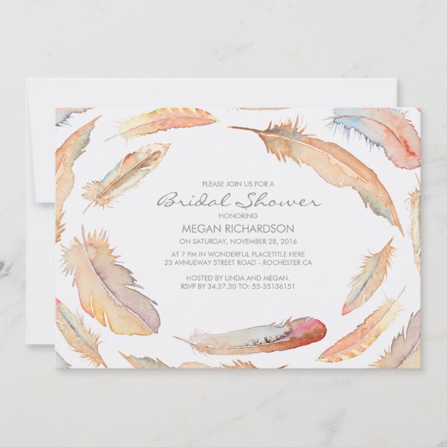 Invitation boho aquarelle plumes tribales douche nuptiale (Devant)