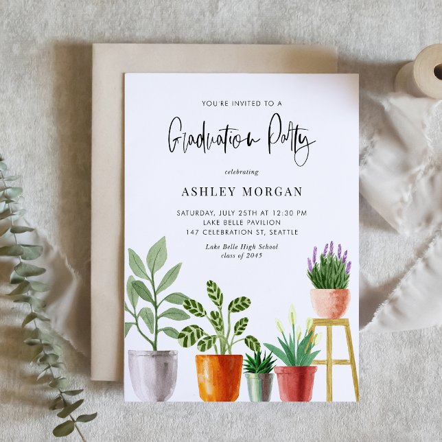 Invitation Boho Aquarelle Poted Houseplants Graduation (Customizable boho graduation party invitation featuring watercolor potted houseplants. )