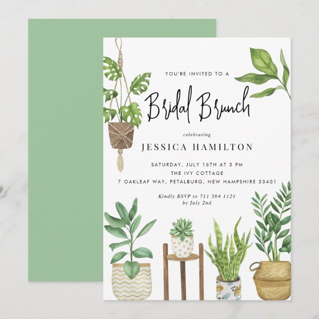 Invitation Boho Aquarelle Poted Plante Bridal Brunch (Devant / Derrière)