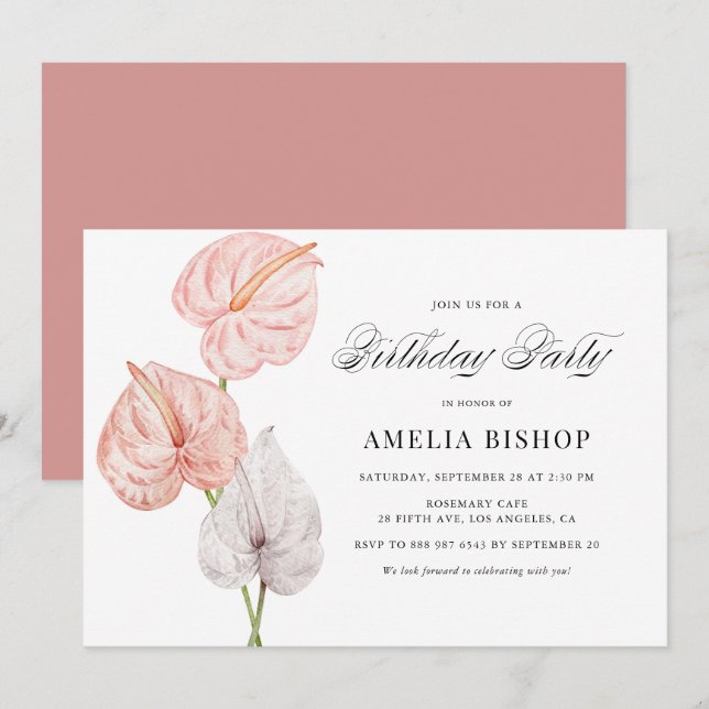 Invitation Boho Aquarelle rose Anthuriums Tropical Anniversai (Devant / Derrière)