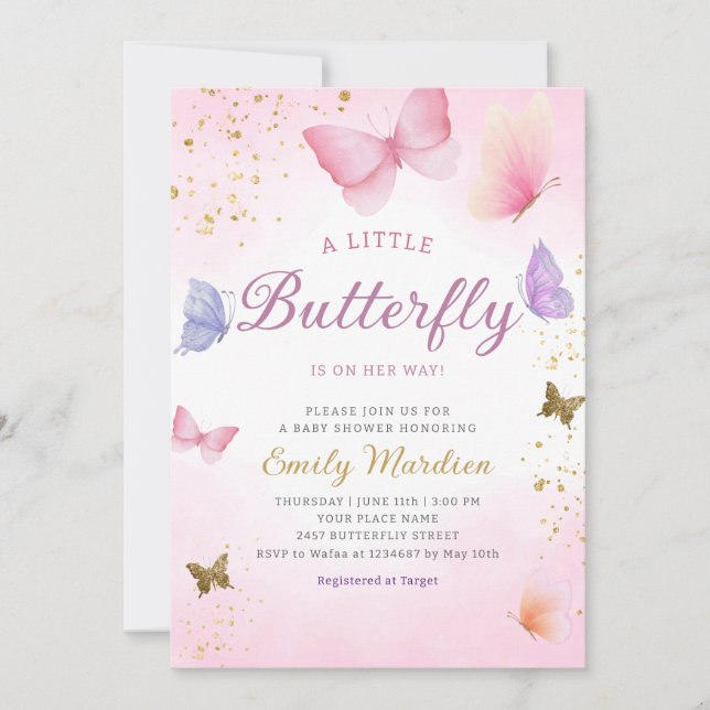Invitation Boho Aquarelle rose Baby shower papillon fille dan (Devant)