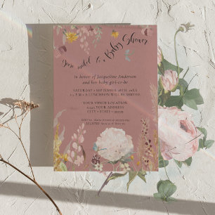 Invitation BOHO Aquarelle rose Dusty Bébé papillon floral