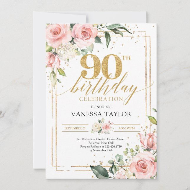 Invitation Boho aquarelle rose et or floral verdure 90ème (Devant)