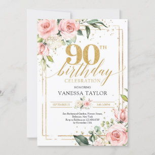 Invitation Boho aquarelle rose et or floral verdure 90ème