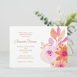 Invitation Boho Aquarelle rose Orange Baby shower Fleurs