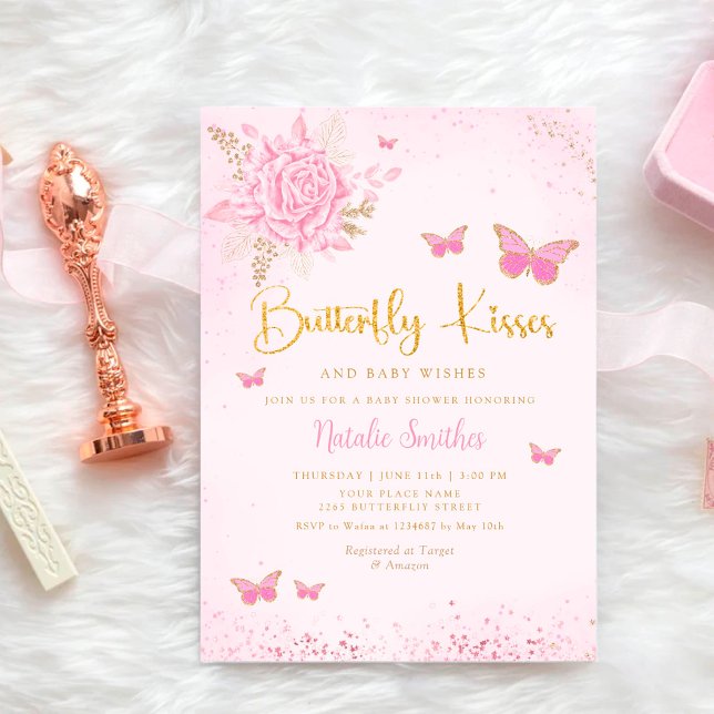 Invitation Boho Aquarelle rose papillon Baby shower fille (Créateur téléchargé)