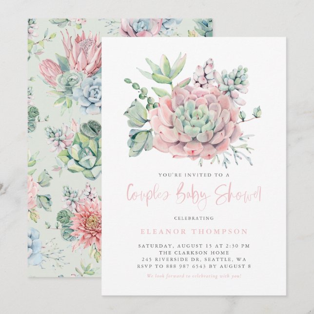 Invitation Boho Aquarelle rose Pastel Baby shower Succulent (Devant / Derrière)