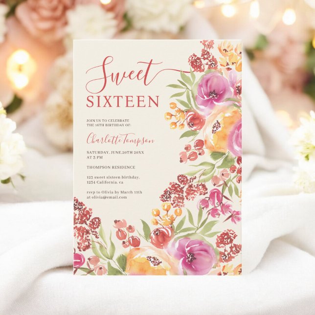 Invitation Boho Aquarelle rose Terracotta Floral Sweet 16 (Boho Watercolor Pink Terracotta Floral Sweet 16 Invitation)