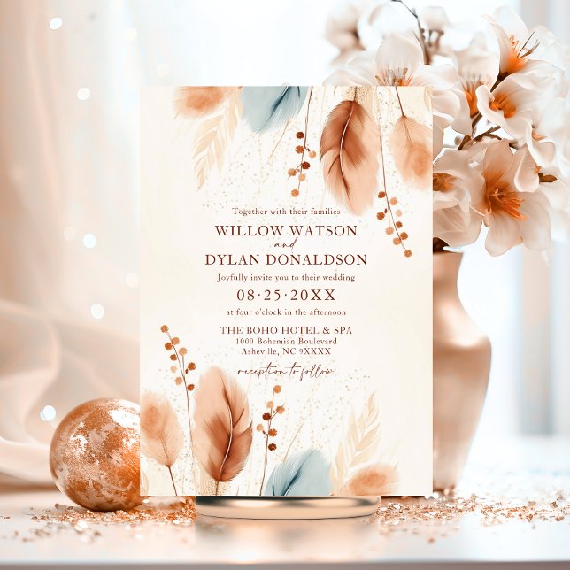 Invitation Boho Aquarelle Terracotta Beige Bleu Pampas Gris (Boho Watercolor Terracotta Beige Blue Pampas Grass Invitation)