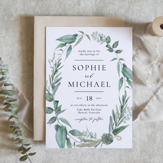 Invitation Boho Aquarelle Verdure et Mariage Succulents (Boho Watercolor Greenery and Succulents Wedding Invitation)
