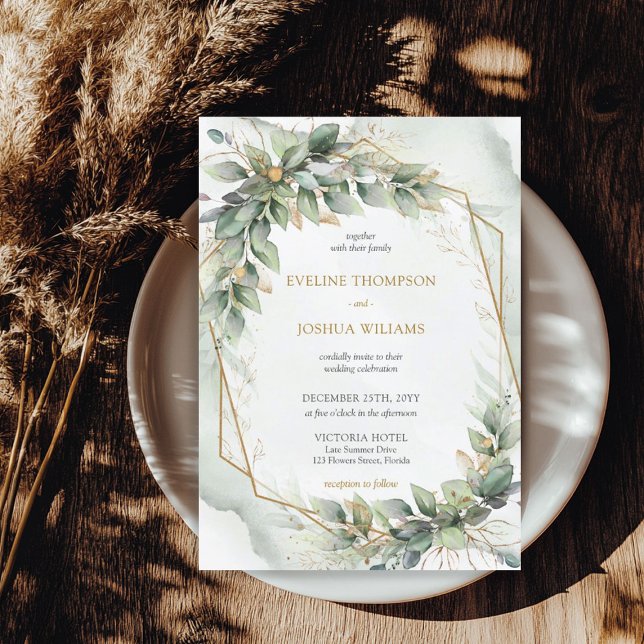 Invitation Boho Aquarelle vert eucalyptus et or mariage (Boho Watercolor green eucalyptus and gold wedding)