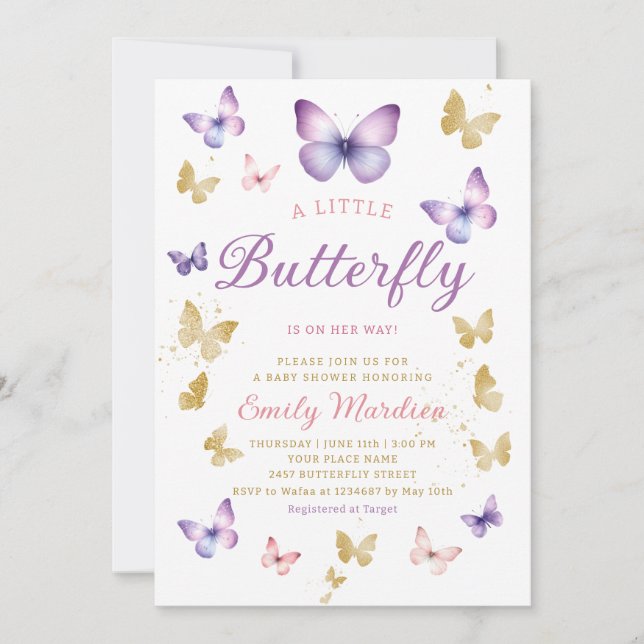 Invitation Boho Aquarelle violet papillon Baby shower fille (Devant)