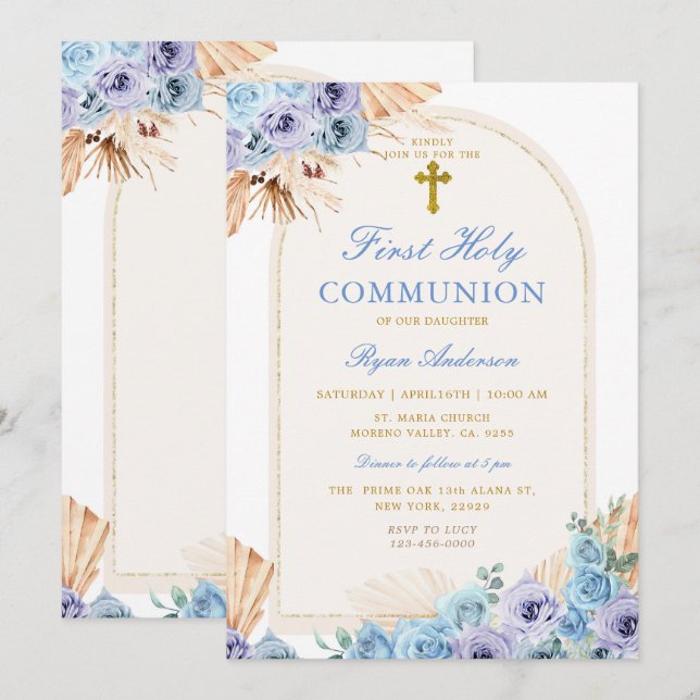 Invitation Boho Arc Bleu Floral Première Croix de la Sainte C (Devant / Derrière)