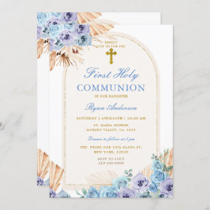 Invitation Boho Arc Bleu Floral Première Croix de la Sainte C