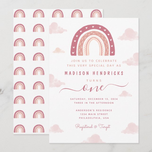 Invitation Boho Arc en ciel et nuages Pastel Rose Anniversair (Devant / Derrière)